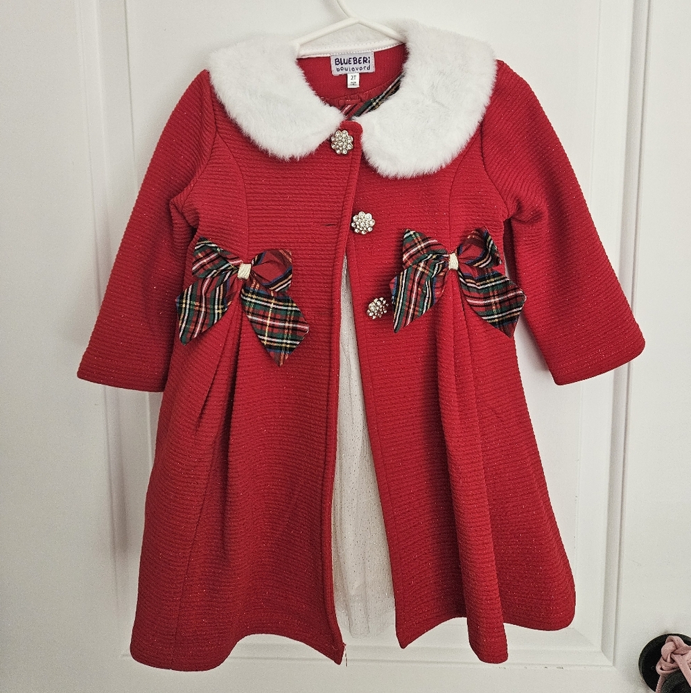 Blueberi Red Kids Cape with White Collar and Plaid Accents Christmas Dress!